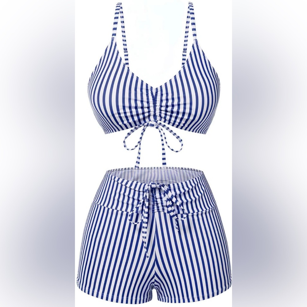 Women’s Retro 30s Style Blue and White Striped Boxer Bikini